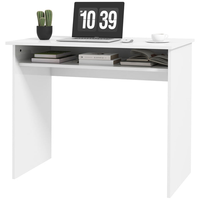 Modern High Gloss White Computer Table - 90x50cm Home Office Desk with Storage Shelf - Compact Writing Space for Small Areas