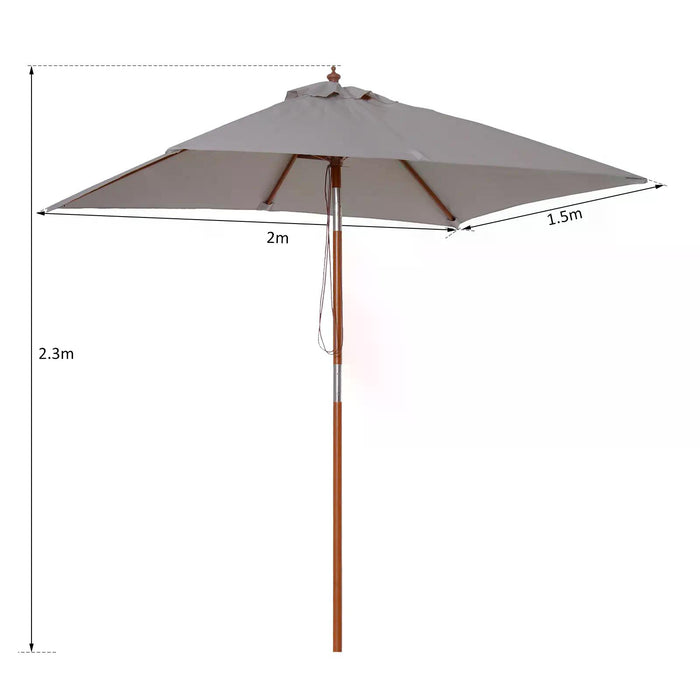 Extra Large Grey Patio Sun Umbrella - 2m x 1.5m Canopy, Fir Wooden Pole, 6 Ribs, Tilt Mechanism - Ideal for Garden, Backyard Shade & Outdoor Comfort