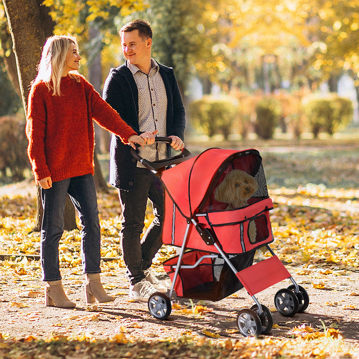 Foldable Pet Stroller for Small Dogs and Cats - Zipper Entry, Travel Carriage with Wheels, Lightweight - Ideal for Pet Transport and Mobility in Red