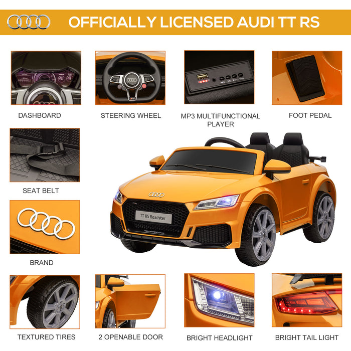 Kids Licensed Audi TT RS - Electric Ride-On Car with Remote, 12V Battery, Suspension, Headlights, MP3 Player, 3km/h in Yellow - Fun Driving Experience for Children