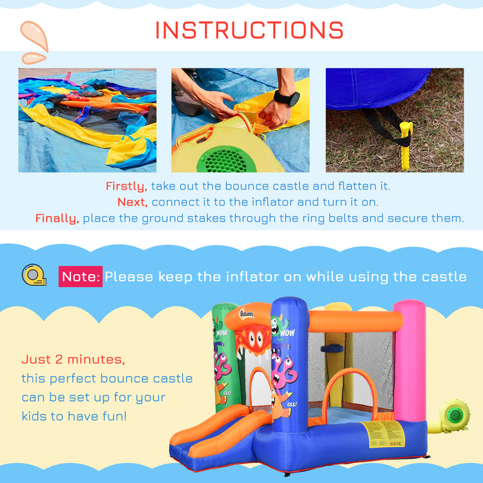 Monster Bounce Castle Inflatable Trampoline - Kids Slide, Basketball Hoop, Blower Included, 2.5m x 1.8m x 1.75m - Ideal for Children Ages 3-8, Multicolored Outdoor Fun