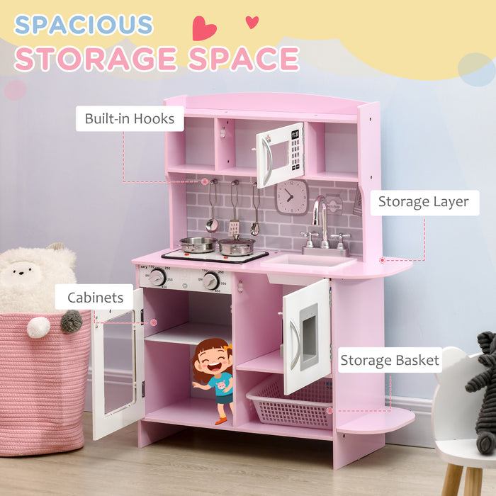 Interactive Wooden Play Kitchen Set - Featuring Lights, Sounds, Water Dispenser, Microwave & Sink - Ideal Gift for Toddlers Aged 3-6, in Playful Pink