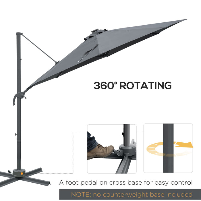 Outdoor Patio Sun Umbrella - 3m Grey Canopy with Crank, Tilt, LED Solar Lighting & Cross Base - 360° Rotation for Backyard Comfort and Entertaining