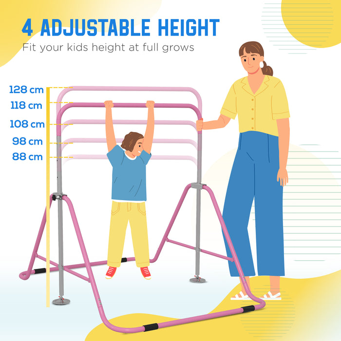 Kids Gymnastics Training Bar - Adjustable Height & Foldable Horizontal Bar in Pink - Perfect for Young Gymnasts Home Practice