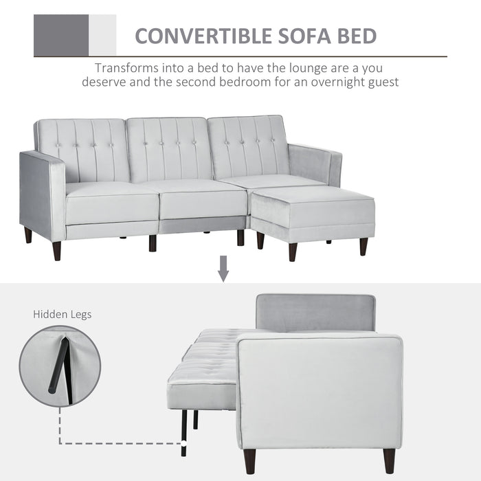 L-Shape Sleeper Sofa Set with Matching Ottoman - 3-Seater Convertible Couch and Footrest in Light Grey - Ideal for Living Room and Space Optimization