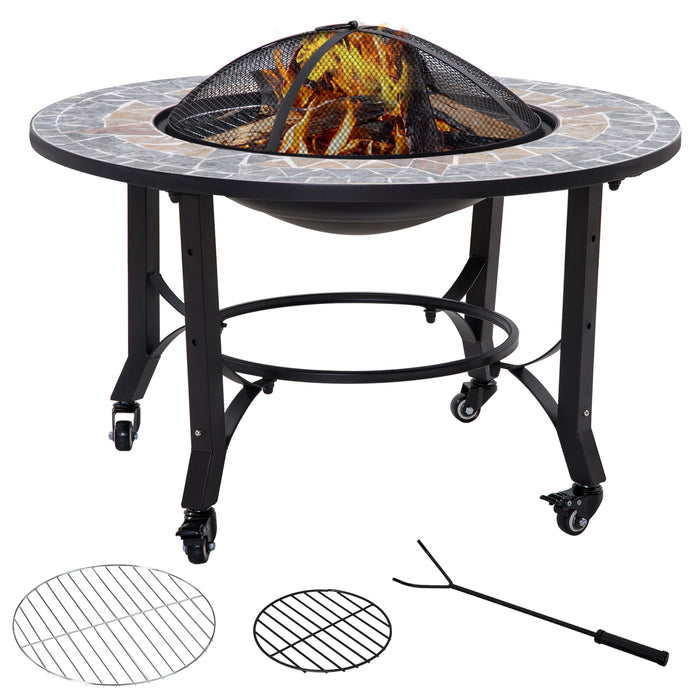 Outdoor 2-in-1 Fire Pit with BBQ Grill - Patio Heater with Wheel, Screen Cover & Fire Poker - Ideal for Backyard Bonfires and Grilling