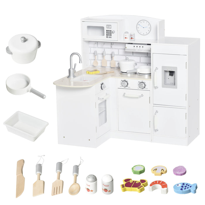 Kids Wooden Play Kitchen Set - Includes Drinking Fountain, Microwave, Oven, and Refrigerator - Interactive Pretend Cooking for Children