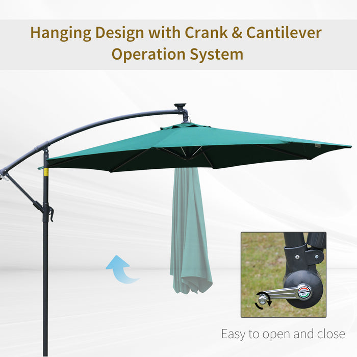 3M Cantilever Patio Banana Parasol - LED, Crank, Cross Base, Offset Hanging Design in Green - Perfect for Garden, Outdoor Table Shade & Entertainment