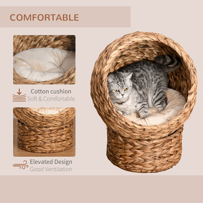 Raised Rattan Wicker Cat Bed - 42x33x52cm Basket with Soft Washable Cushion - Stylish and Comfy Napping Spot for Cats