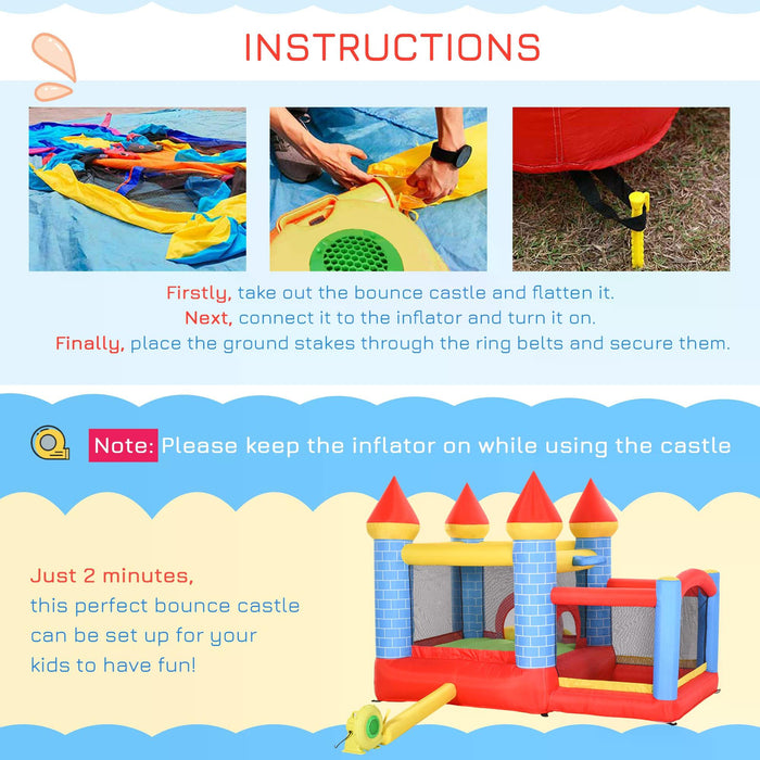 Kids Bounce Castle House with Inflator - 4-in-1 Inflatable Trampoline, Slide, Water Pool, and Basketball Area - Enchanting Castle Design for Children Ages 3-10