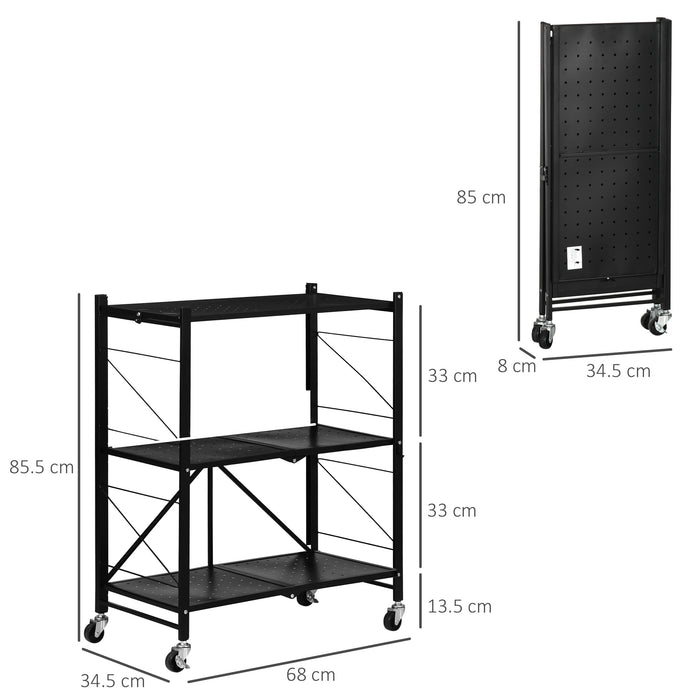 Foldable 3-Tier Rolling Storage Cart - Versatile Organizer Trolley for Kitchen, Living Room, Bathroom - Space-Saving Design, Easy Mobility