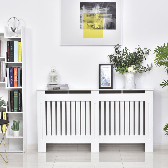 Radiator Cabinet with Slatted Design - White Painted MDF with Lined Grill, 152x19x81cm - Elegant Home Heating Protection & Decor Enhancement