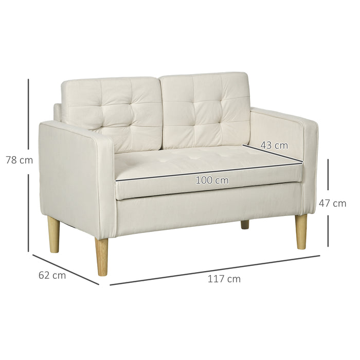 Compact Modern Loveseat - 2-Seater Tufted Cotton Sofa with Hidden Storage, 117cm, Cream White with Wood Legs - Ideal for Small Spaces and Cozy Corners