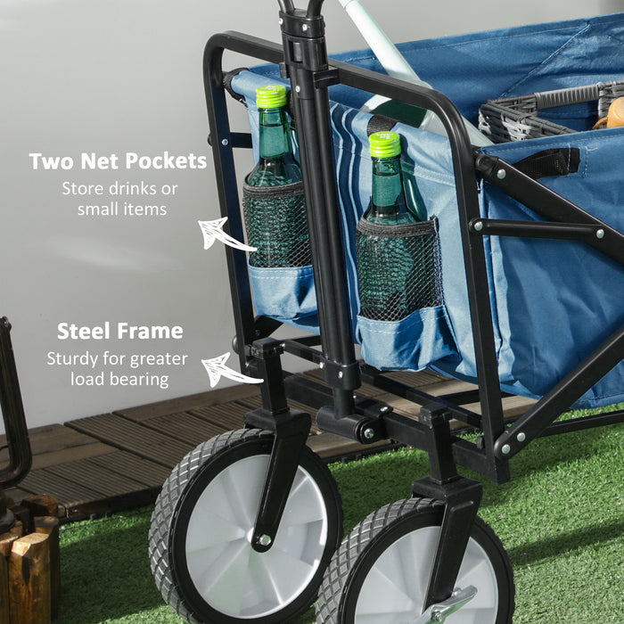 Folding Beach and Garden Cart - Pull Along Wagon with Telescopic Handle in Blue - Ideal for Outdoor Gear Hauling