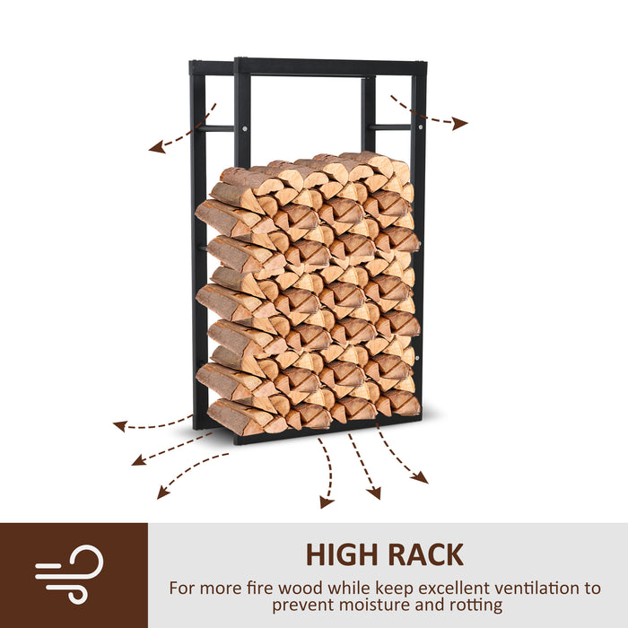 Tall Metal Firewood Rack with Rust-Resistant Coating - Indoor/Outdoor Fireplace Wood Storage Shelf, Black - Ideal for Organized Log Keeping, 60W x 25D x 100H cm