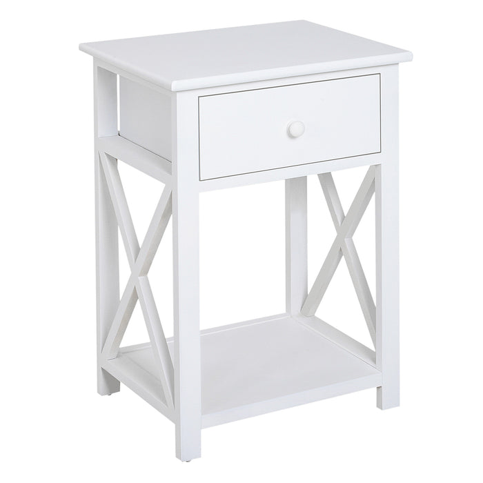 Classic Accent Side Table with Drawer and X-Bar Shelf - Compact Design for Living Space and Bedroom - Versatile White End Table with Storage, 40x30x55 cm