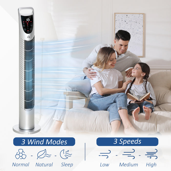 Oscillating 40W Tower Fan with Remote - 3 Speeds & 3 Wind Modes, Timer, Quiet Operation - Ideal for Home Office Bedroom, Sleek Silver Design, 78.5cm Tall