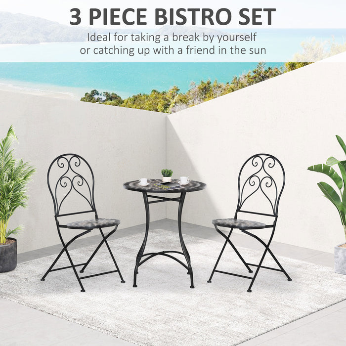 3 Piece Mosaic Bistro Set - Garden Outdoor Furniture with Tile Top Coffee Table & Folding Chairs - Perfect for Patio and Balcony Entertaining