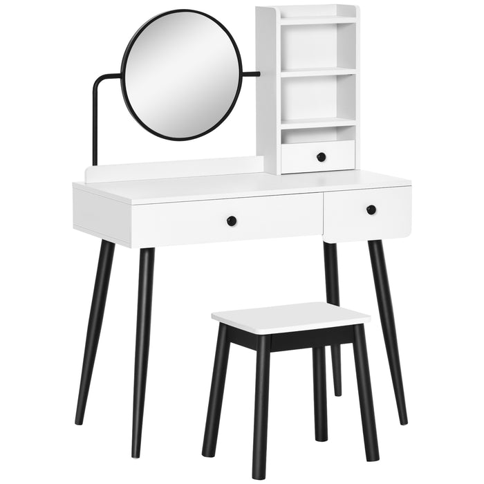 Vanity Makeup Desk Set with Mirror and Stool - Elegant Dressing Table with 3 Drawers and Open Shelving - Perfect for Bedroom and Living Room, Chic White Design