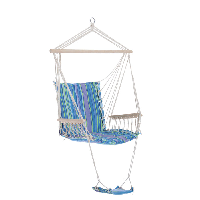 Outdoor Rope Swing Chair with Wooden Accents - Garden & Patio Cotton Hammock with Armrests and Footrest in Blue - Comfy Lounge Spot for Relaxation and Leisure