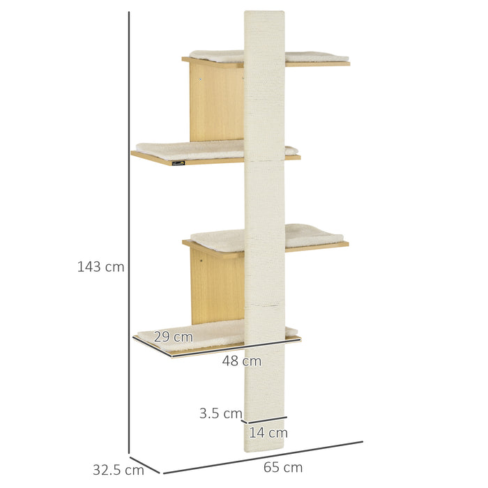 4-Layer Wall-Mounted Oak Cat Tree - Indoor Kitten Perch Climber with Cushions & Scratching Board - Space-Saving Furniture for Playful Cats