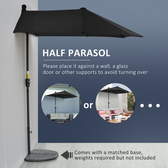 Half Parasol Market Umbrella - 2-Meter Double-Sided Canopy with Crank Handle and Base for Garden Balcony - Black Shade Solution for Limited Space Environments