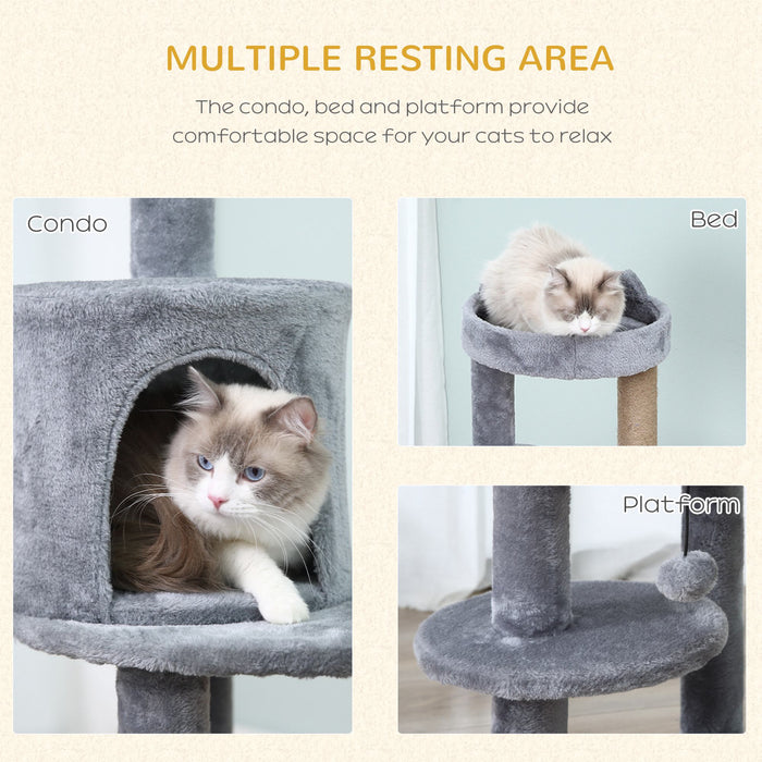 Deluxe 3-Tier Cat Tree with Scratching Posts - 104 cm Tall Activity Condo Tower with Play Ball - Ideal for Cats to Relax, Climb & Play