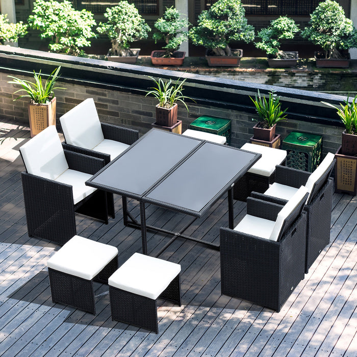 9PC Rattan Dining Set - Outdoor Weave Wicker Patio Table with 8 Stools, Black - Perfect for Garden Entertainment and Family Gatherings