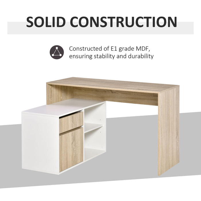 L-Shaped Corner Computer Desk - Oak and White Study Table with Storage Shelf and Drawer - Ideal for Home Office Workstations