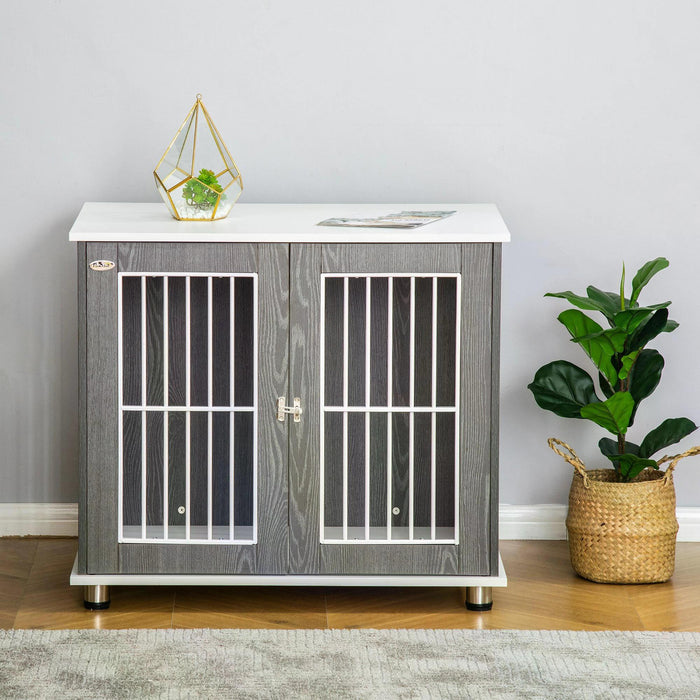 Elegant Wooden Dog Crate Kennel - Lockable Door, Adjustable Foot Pads, Modern Grey & White Design - Stylish Pet Enclosure for Home Safety and Comfort