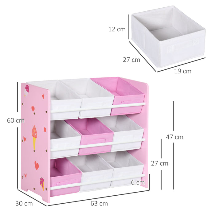 9-Bin Kids Storage Organizer - Removable Baskets Toy Box with Bookshelf - Nursery & Playroom Clutter Solution in Pink