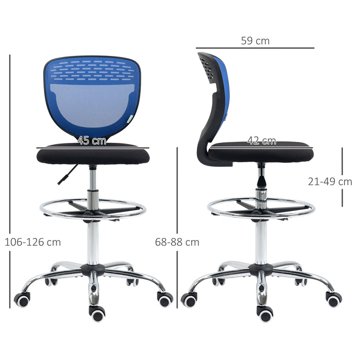 Ergonomic Drafting Chair - Swivel Mesh Draughtsman Stool with Lumbar Support and Adjustable Foot Ring - Armless Design for Standing Desks, Dark Blue