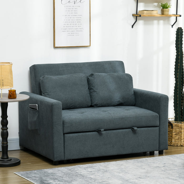 Convertible Loveseat Sofa Bed with Side Storage - Charcoal Grey Settee, 2 Comfy Cushions Included - Space-Saving Couch for Small Living Rooms or Guest Spaces