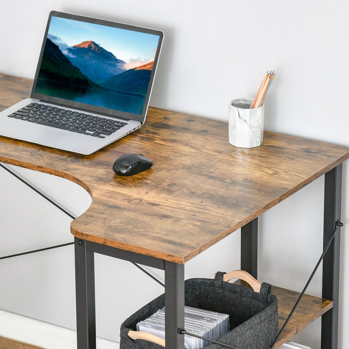 L-Shaped Study Workstation - Home Office Corner Desk with Dual Shelves and Steel Frame - Ideal for Work and Study in Rustic Brown