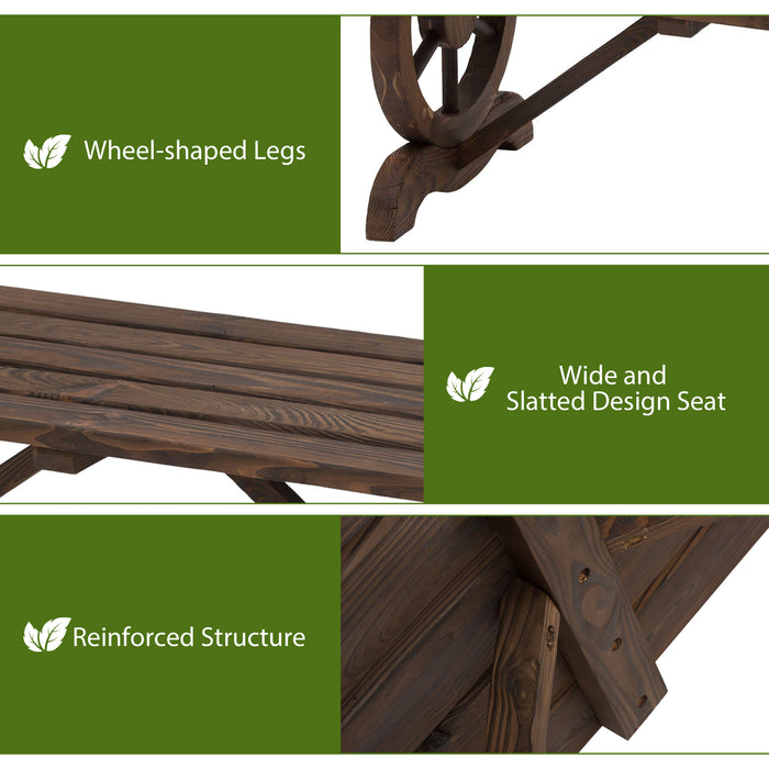 Rustic Garden Wooden Bench with Wheel-Shaped Legs - Slatted 2-Person Seating for Outdoor Patio, Reinforced Stable Structure - Stylish Addition for Garden Lovers & Relaxation Spaces