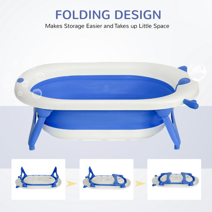 Foldable Ergonomic Baby Bath Tub with Cushion - Temperature-Sensitive Plug, Non-Slip Legs, Portable Design - Ideal for Infants 0-3 Years, Blue