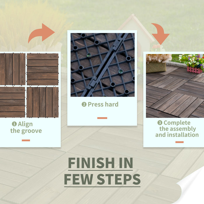 27-Piece Solid Wood Deck Tiles - Interlocking Patio and Balcony Flooring Set with Black Finish, 30x30cm Each - Ideal for Roof Terraces and Hot Tub Surrounds