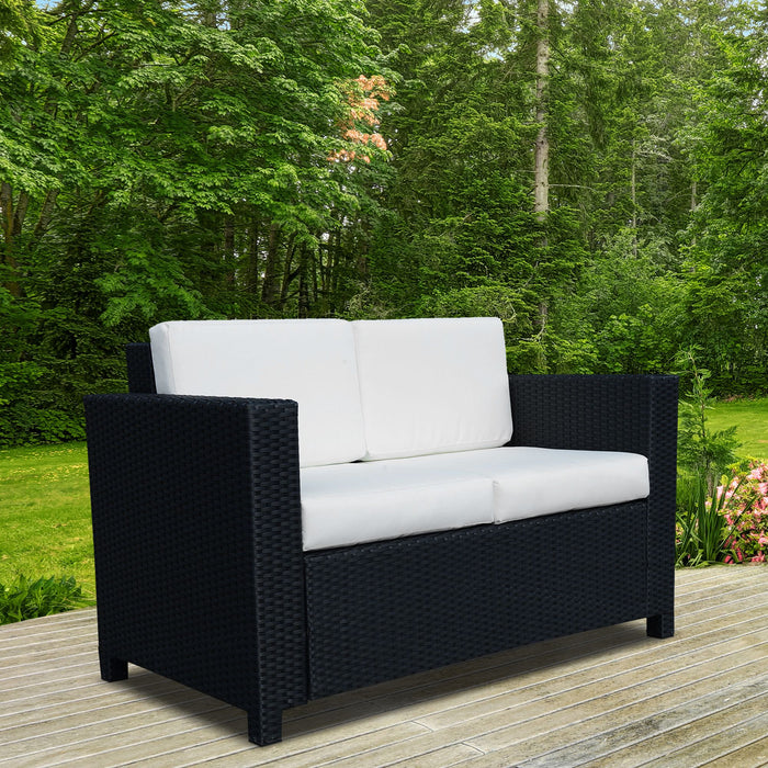 Outdoor Rattan Loveseat - 2-Seater Wicker Weave Patio Sofa in Black - Cozy Double Couch for Garden and Patio Relaxation