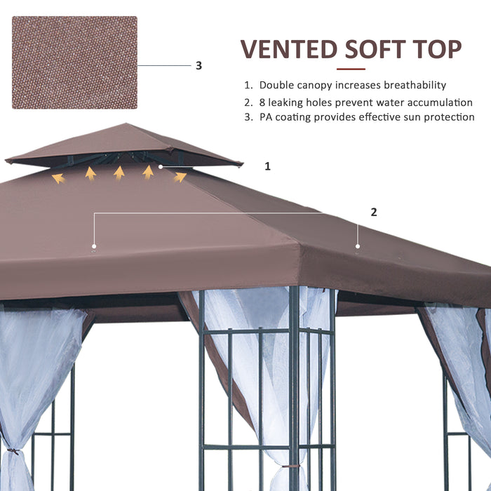 Patio Gazebo Canopy 3x3m - Garden Pavilion Tent with 2 Tier Roof, Mosquito Netting, Steel Frame - Ideal Outdoor Shelter for Relaxation, Coffee Color