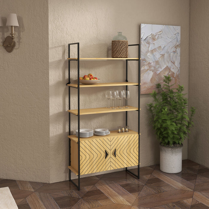 4-Tier Industrial Bookshelf with Cabinet - Oak-Toned Shelving Unit with Metal Frame and Double Doors - Versatile Storage for Living Room or Bedroom