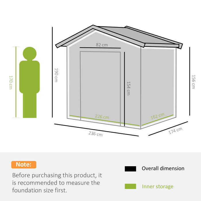 8x6ft Garden Shed with Ventilation Windows - Double-Door Outdoor Storage for Equipment & Tools - Sloped Roof Design in Grey, Ideal for Home Backyard Lawn