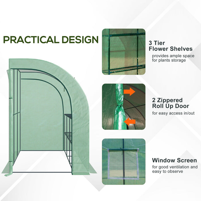 Walk-In Lean-to-Wall Greenhouse - 2-Tier Structure with 6 Wired Shelves, Windows, and Doors, 300x150x215cm - Ideal for Garden Plant Growing and Protection