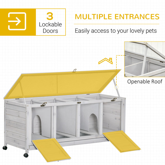 Mobile Wooden Rabbit Hutch with Detachable Bunny Run - Wheeled Guinea Pig Cage with Slide-out Tray, 138x53x61cm - Ideal for Small Pet Shelter & Easy Mobility in Light Grey