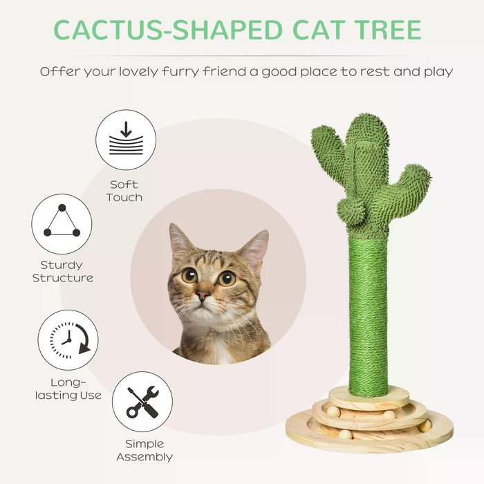 Cactus Cat Tree Tower - Sisal Scratching Post, Hanging Play Ball & Platform - Fun & Durable Kitten Furniture for Playtime