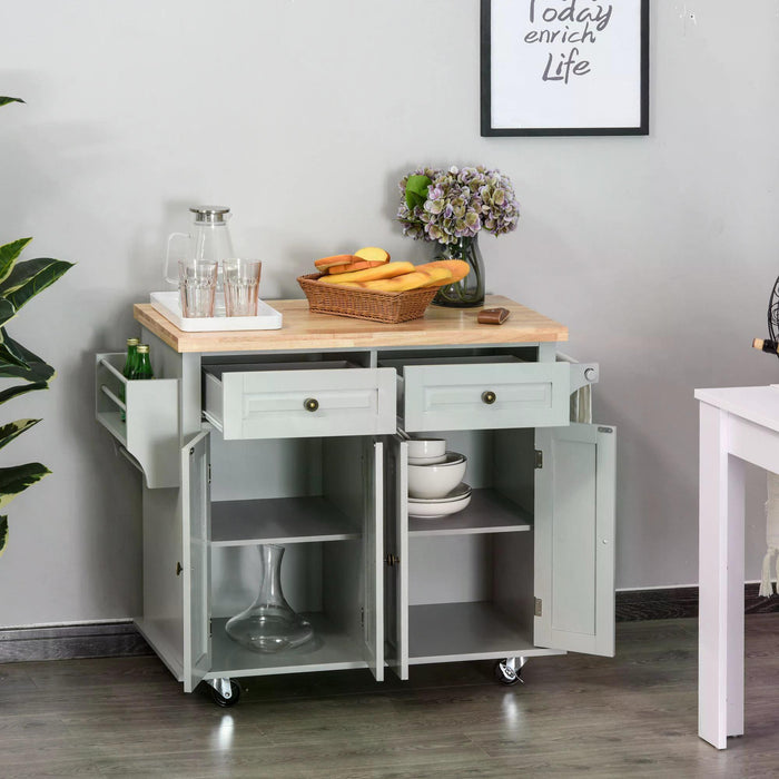 Kitchen Storage Cart on Wheels - Rubber Wood Top Island Trolley with Drawers - Space-Saving Organizer for Dining Room, Grey