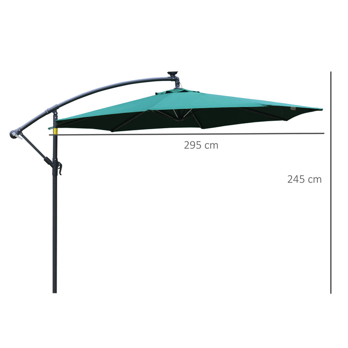 3M Cantilever Patio Banana Parasol - LED, Crank, Cross Base, Offset Hanging Design in Green - Perfect for Garden, Outdoor Table Shade & Entertainment