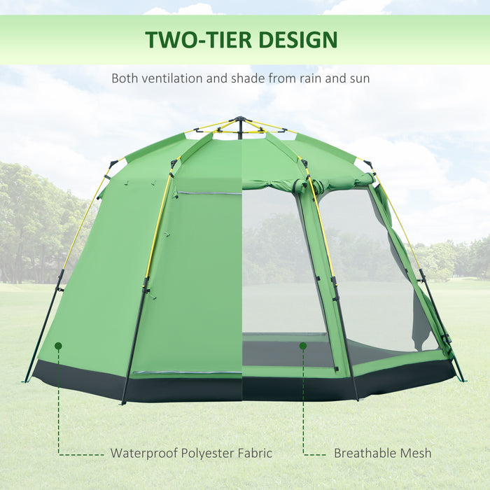 6-Person Instant Pop-Up Camping Tent - Dual-Level, Ventilated Backpacking Shelter with 4 Windows and 2 Doors - Ideal for Family Fishing and Hiking Trips, Includes Portable Carry Bag, Green
