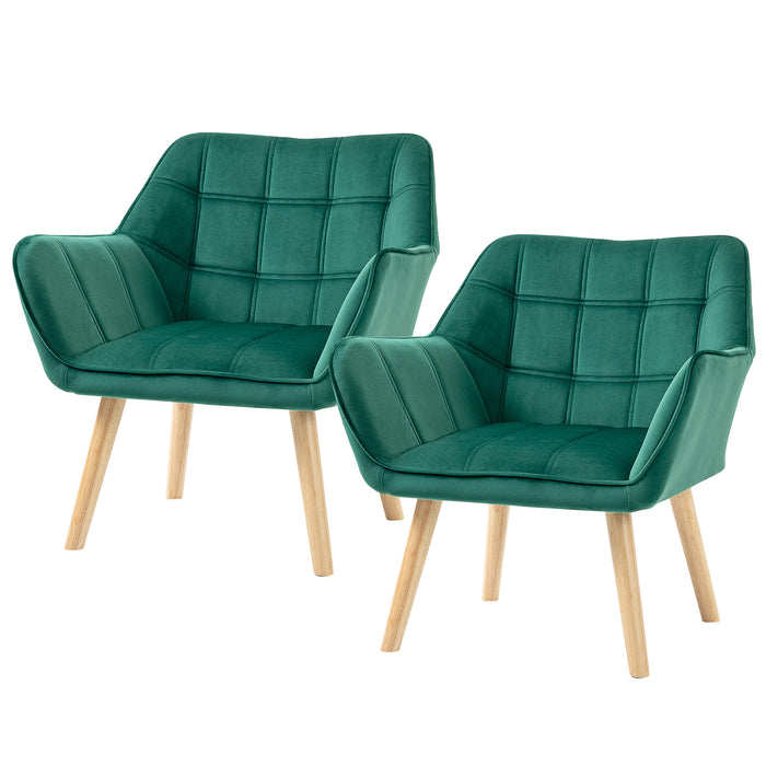 Elegant Green Velvet Armchair with Wooden Legs - Comfy Vanity Chair Set with Wide Arms & Slanted Padded Back - Perfect for Bedroom & Living Room Decor, Set of 2