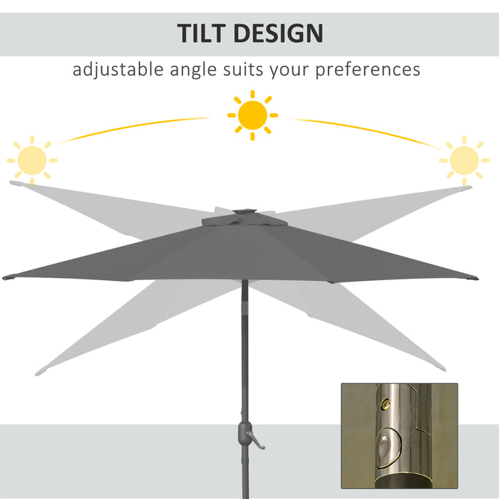 Patio LED Umbrella with Push Button Tilt/Crank - 2.7m Garden Parasol with 8-Rib Sun Shade, Grey - Perfect for Outdoor Table & Market Shelter