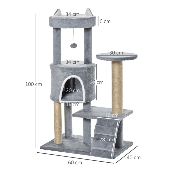 Cat Tree Tower Condo - 100cm Multi-Level Playhouse with Climbing Ladder, Scratching Post & Hanging Toy Ball - Ideal for Exercise and Relaxation for Cats in Light Grey